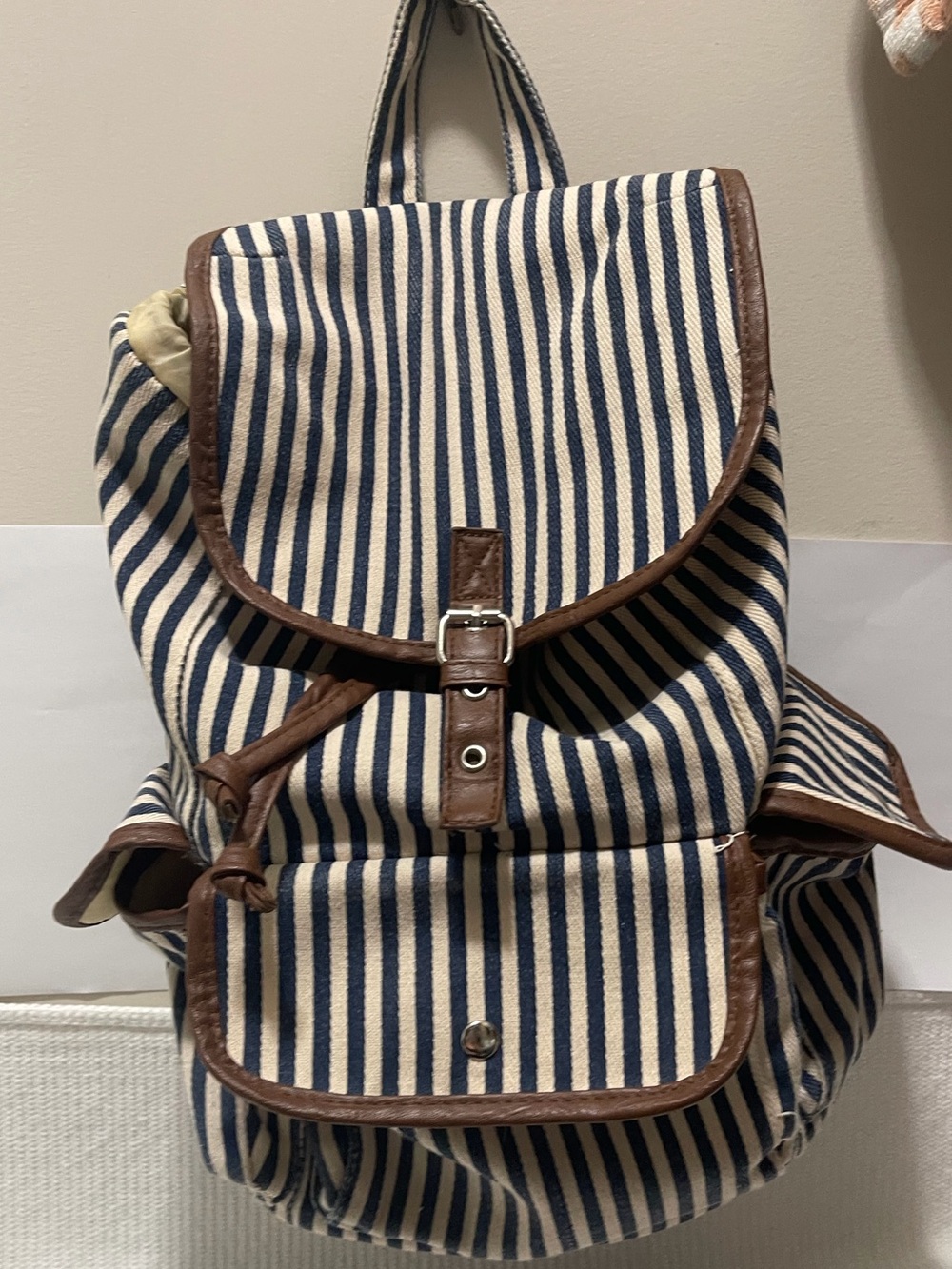 Target Navy and White Striped Canvas Backpack with Brown Trim